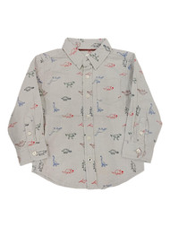 Toddler Boys Light Gray T-Rex Dinosaur Long Sleeve Button Down Shit T-Shirt