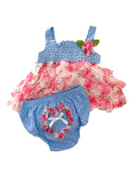 Infant Baby Girls Pink Floral & Dot Chambray Top & Matching Bottom Set 6-9M