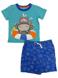 Infant Boys Swimming Hippo T-Shirt & Shorts Summer Outfit 2 Piece Set