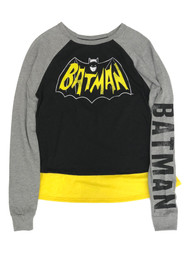 Batman Womens (Juniors) Gray & Yellow Mid-Crop Caped T-Shirt Tee Shirt
