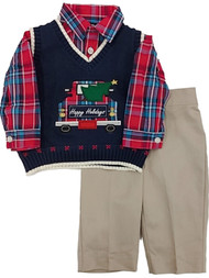 IZOD Infant Boys Dress Up Blue Vest Khaki Pants & Plaid Shirt Outfit Set