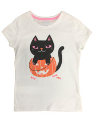 Girls White Kitty Cat & Pumpkin Jack O Lantern Halloween Short Sleeve Shirt