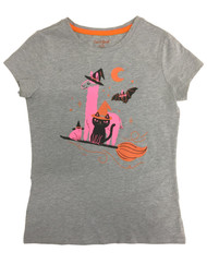 Girls Gray Llama Cat & Frog Riding Witch Broom Halloween Short Sleeve Shirt