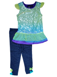 Girls Green Faded Sequin Tulle Ruffled Tank Top & Pants 2 Piece Dressy Set 5