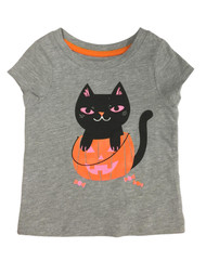 Infant Toddler Girls Kitty Cat In Pumpkin Halloween Short Sleeve Gray Shirt
