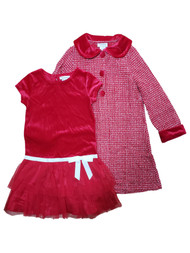 Girls Red Plaid Dressy Coat & Ruffled Tulle Christmas Party Dress 2 Piece Set