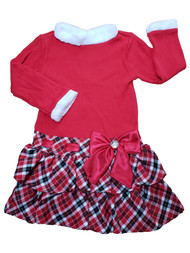 Girls Red Plaid Metallic Thread Long Sleeve Bling Bow Christmas Party Dress