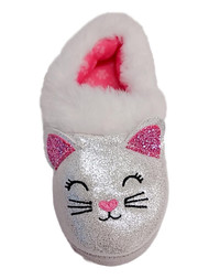 Toddler Girls Silver & Pink Glitter Kitty Cat Loafers Slippers House Shoes