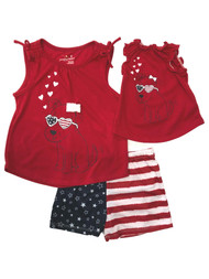 Girls Patriotic Stars & Stripes Puppy Dog Pajamas & Doll Gown Sleep Set
