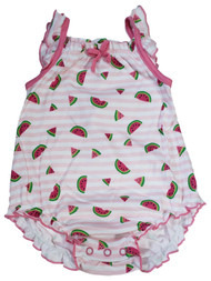 Infant Baby Girls Pink Watermelon Stripe Ruffled Cotton Romper Bodysuit