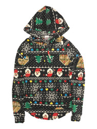 Junior Womens Black Velvet Santa & Gingerbread Christmas Hoodie Sweatshirt