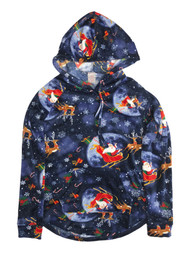 Junior Womens Blue Velvet Santa & Reindeer Christmas Hoodie Sweatshirt