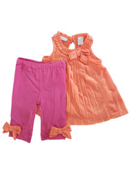 Infant Baby Girls Orange Pleated Bow Tunic Top & Leggings 2 Pc Outfit Set