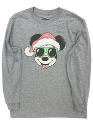 Disney Boys Gray Santa Hat Mickey Mouse Long Sleeve Christmas Shirt