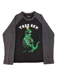 Boys Black & Gray Dinosaur Tree Rex Long Sleeve Christmas Holiday Shirt