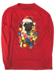 Boys Red Santa Hat Pug Puppy Dog Long Sleeve Christmas Shirt