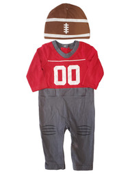 Infant Baby Boy Red Grey Football Uniform Bodysuit & Hat 2 Piece Cotton Set 6-9M