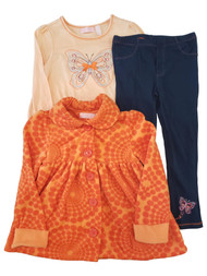 Girls Orange Fleece Coat Glitter Sparkle Butterfly Shirt & Pant 3 Piece Set