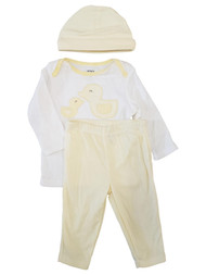 Carters Infant & Baby White Yellow Ducks Cotton Shirt Pant & Hat 3 Pc Set