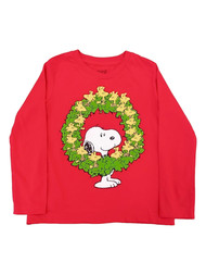 Peanuts Boys Red Snoopy & Woodstock Wreath Long Sleeve Christmas Shirt T-Shirt