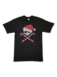 Mens Black Skull & Crossbones Candy Cane Santa Hat Novelty Christmas T-Shirt
