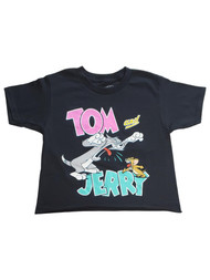 Junior Womens Tom And Jerry Cat Mouse Black Cotton Crop T-Shirt Shirt Top