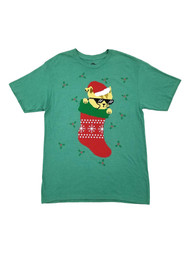 Mens Heather Green Cat Christmas Stocking Mistletoe Holiday Novelty T-Shirt