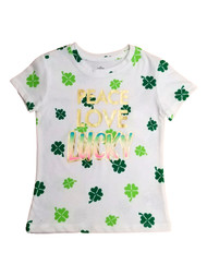 Girls Peace Love Lucky Clovers St. Patrick's Day White Tee Shirt T-Shirt
