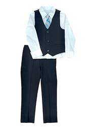 Boys 4 Piece Set Tie White Button Down Shirt Black Vest & Pants Outfit Set