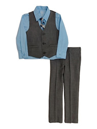 Boys 4 Piece Set Blue Button Down Shirt Gray Vest & Pants Tie Outfit Set