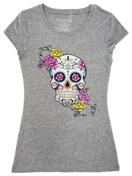 Junior Womens Regular & Plus Size Grey Floral Skull T-Shirt Tee Top