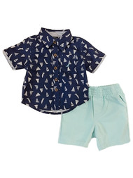 Infant Boys Sailboat Button Down Shirt T-Shirt & Shorts 2 Pc Outfit Set