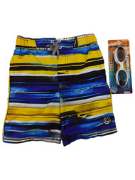 Boys Blue & Yellow Stripe Shark Silhouette Swim Trunk Summer Board Shorts