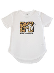 Junior Womens White Leopard Animal Print MTV Logo T-Shirt Top Shirt