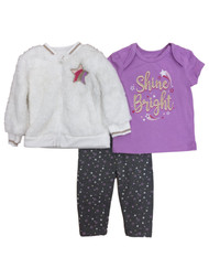 Infant Girls 3pc Fleece Zip Up Jacket Shine Bright Shirt & Star Legging Set