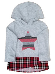 Toddler Girls Red Sequins Star Heather Gray Tee T-Shirt Hood Red Plaid Skirt 2T