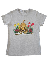 Womens Heather Grey Tulip Daffodil Flowers Dog Pup T-Shirt Tee Top Shirt M