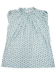 Womens Mint Blue Green Polka Dot Cap Sleeve Pleated Mock Neck Dress Shirt Top XS