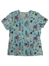 Womens Blue Beauty Shop Puppy Dogs Medical Smock Scrubs Shirt