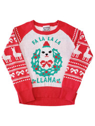 Girls Pink Red Fa La La La Llama Long Sleeve Knit Cotton Christmas Sweater