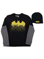 Boys Black Batman Mini Bat Symbol Long Sleeve Shirt & Beanie Combo Set
