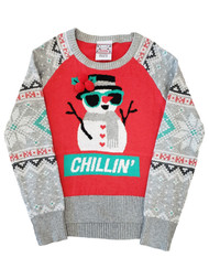 Girls Grey Red Chillin Snowman Long Sleeve Knit Cotton Christmas Sweater