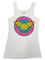 Junior Womens DC Wonder Woman Hot Pink Logo Stars White Tank Top Medium/Large