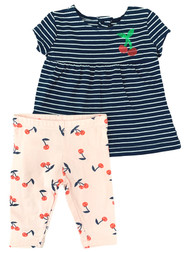Infant Baby Girls Navy Blue & White Stripe Cherry Top & Pink Cherry Legging