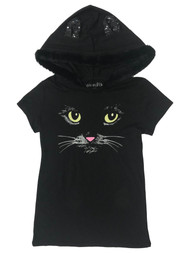 Juniors Womens Black Kitty Cat Hoodie T-Shirt Costume Tee Shirt