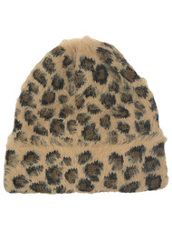 Womens Soft Brown & Tan Leopard Print Beanie Cuffed Stocking Cap Hat