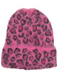 Womens Soft Pink & Black Leopard Print Beanie Cuffed Stocking Cap Hat