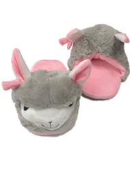 Girls Plush Gray & Pink Llama Slippers Scuffs House Shoes Slides