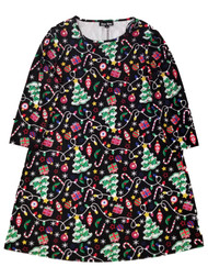 Womens Stretchy Black Christmas Bulbs Light Trees Candy Canes Dress