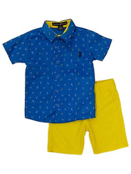 Toddler Boys Blue Anchor Button Up Shirt & Yellow Shorts 2 Piece Outfit Set